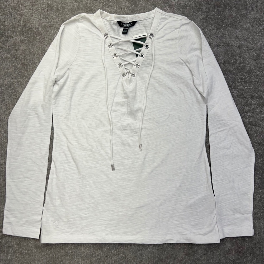Lauren Ralph Lauren Lace Up Top Womens XS Long Sleeve V-Neck White Slub Knit NEW